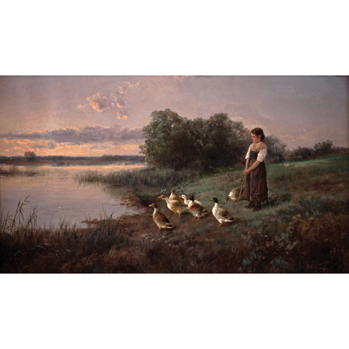Sub.:1 - Lote: 62 - FEDERICO JIMNEZ FERNNDEZ (Madrid, 1841-?) Chica con patos en un lago
