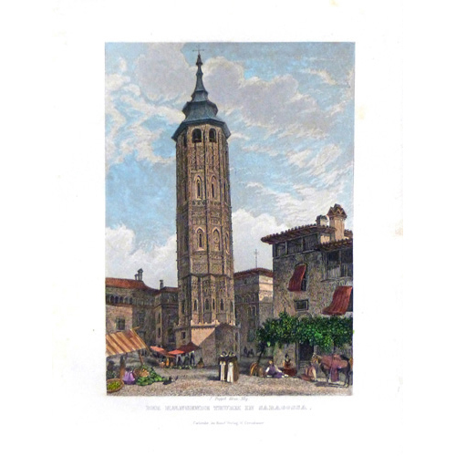 Sub.:1 - Lote: 45 - Johann G. F. POPPEL, (1807-1882) Zaragoza. La Torre nueva o inclinada con escena de mercado.