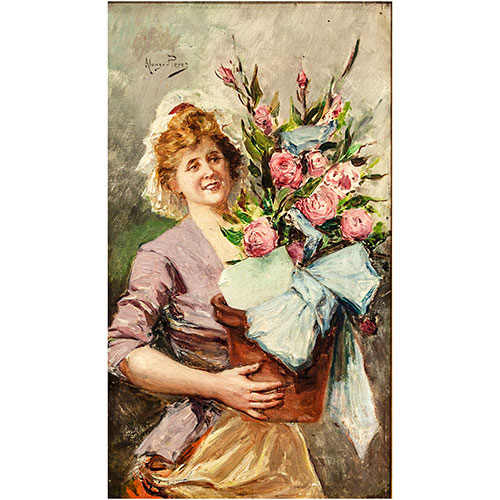Sub.:11 - Lote: 71 - MARIANO ALONSO PREZ (Zaragoza, 1857 - Madrid, 1930) Dama con ramo de rosas