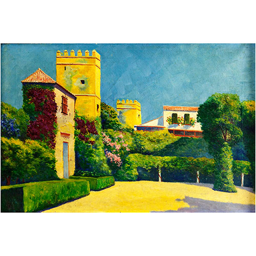Sub.:11 - Lote: 61 - FELIPE GIL GALLANGO (Sevilla, 1868 - 1938) Vista de jardn con torres