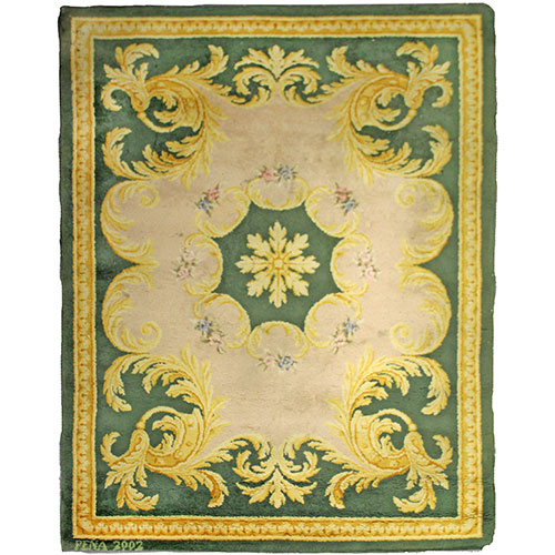 Sub.:11 - Lote: 1522 -  Alfombra en lana de estilo neoclsico sobre campo verde con motivos de acantos dorados.