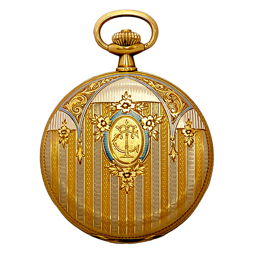 Sub.:12 - Lote: 91372 -  Reloj de bolsillo marca Cyrus de tres tapas en oro y esmalte con esfera de metal con horario y minutero con numeracin arbiga. 