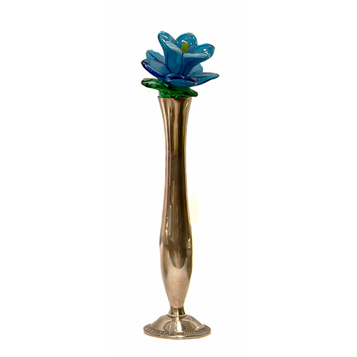 Sub.:12 - Lote: 91408 -  Violetero en metal plateado con flor en cristal de Murano azul y verde.