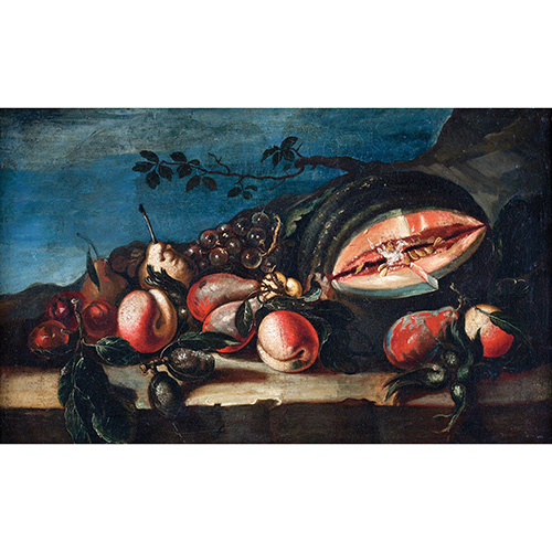 Sub.:12 - Lote: 134 - ESCUELA ITALIANA, FINALES DEL S.XVII Bodegn de frutas en un paisaje