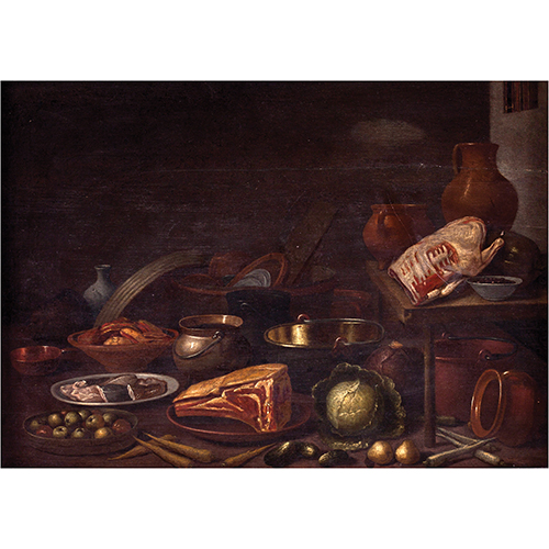 Sub.:13 - Lote: 123 - ATRIBUIDO A CORNELIS SAFTLEVEN (Gorinchem, 1607 - Rotterdam, 1681) Bodegn de cocina con frutas, carne y cacharros