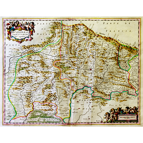 Sub.:13 - Lote: 108 - JOHANNES JANSSONIUS (1588-1664) Mapa de NAVARRA y HUESCA. PAMPLONA y JACA. PAMPLONAE ET IAETANORUM EPISCOPATUS. Novus Atlas Absolutissimus. Amsterdam, 1658.