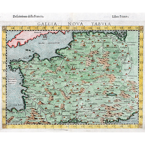 Sub.:14 - Lote: 64 - ROSACCIO, G (1530-1620), RUSCELLI, G. (1504-1566), TOLOMEO C. (90-168) Francia. Gallia Nulla Tabula. Descrittione della Francia. Venecia 1598