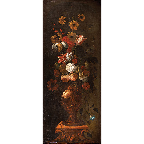 Sub.:14 - Lote: 101 - CIRCULO DE PETER CASTEELS III (Amberes, 1684 - Richmond, 1749) Gran jarrn con flores incluyendo girasoles en un nicho simulado