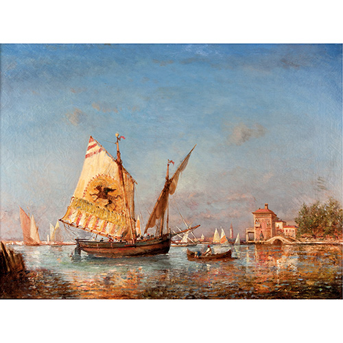 Sub.:15 - Lote: 1070 - PAUL CHARLES EMMANUEL GALLARD-LPINAY (Francia, 1842 - 1885) Laguna veneciana con barcos y edificios