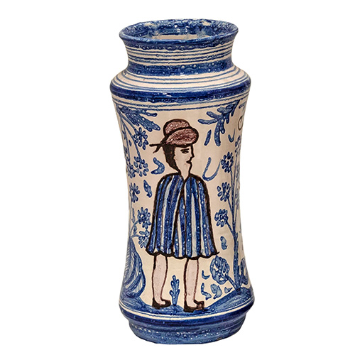 Sub.:16 - Lote: 274 -  Vaso en cermica de Muel con decoracin en pigmentacin azul y representacin de un personaje.