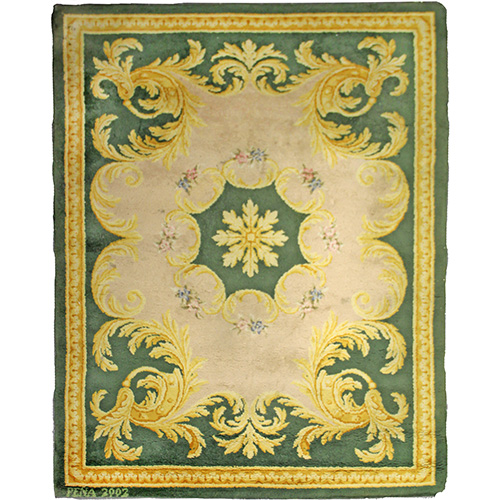 Sub.:16 - Lote: 320 -  Alfombra en lana de estilo neoclsico sobre campo verde con motivos de acantos dorados.