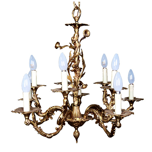 Sub.:16 - Lote: 110 -  Lmpara de techo. De diez luces, en bronce dorado. Estilo Luis XV.