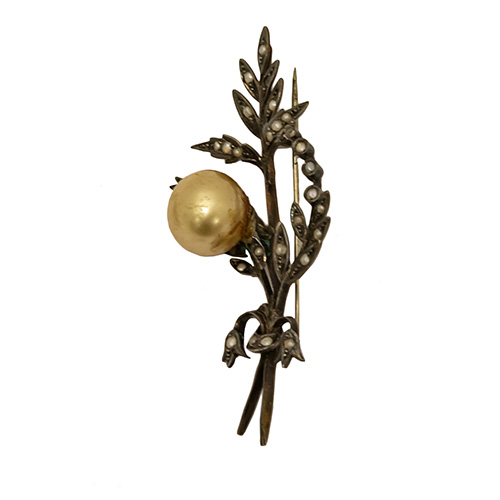Sub.:17 - Lote: 1371 -  Broche vegetal en plata con perla grande central