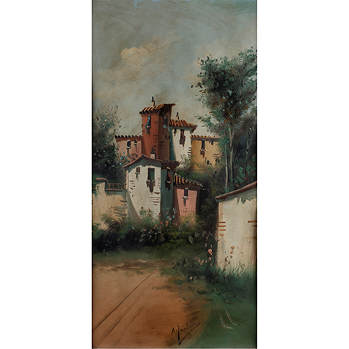 Sub.:20 - Lote: 118 - ANTONIO JARDINES (Cdiz, 1862 - 1932) Paisaje con casas y rboles