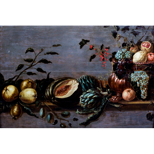 Sub.:6 - Lote: 105 - ATRIBUIDO A ANTONIO PONCE (Valladolid, 1608 - Madrid, 167) Bodegn de frutas y verduras con vasija de cobre