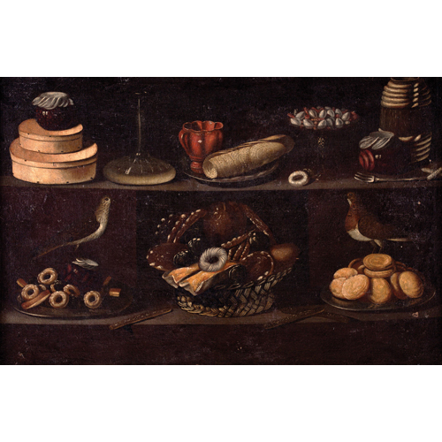 Sub.:6 - Lote: 85 - TALLER DE JUAN VAN DER HAMEN (Madrid, 1596-1631) Bodegn de dulces con dos pjaros
