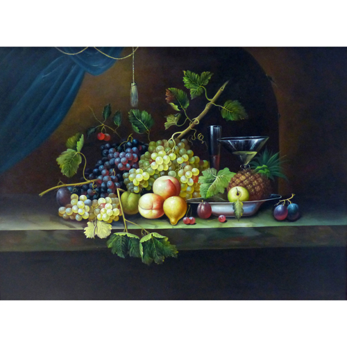 Sub.:8 - Lote: 95 - ESCUELA ESPAOLA, S. XX Bodegn con uvas y melocotones sobre una repisa con cortina azul