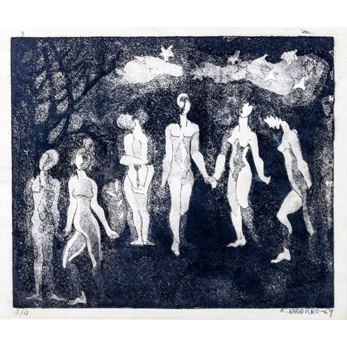 Sub.:8 - Lote: 137 - ENRIQUE NAVARRO (Madrid, 1924-1997) Figuras femeninas bajo cielo estrellado