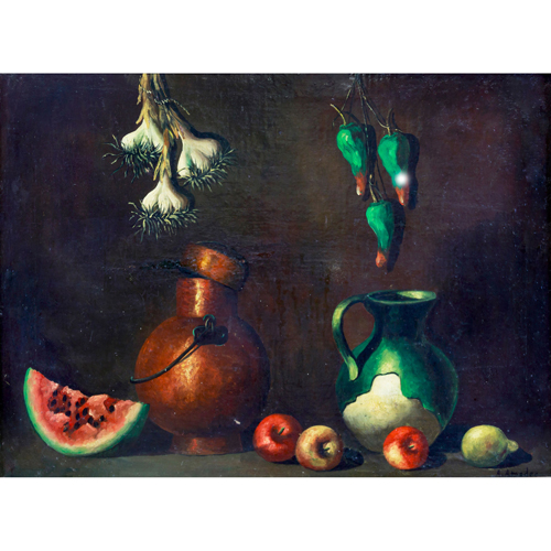Sub.:8 - Lote: 90 - A. AMADEO (S. XX) Bodegn con vasijas y piezas de fruta