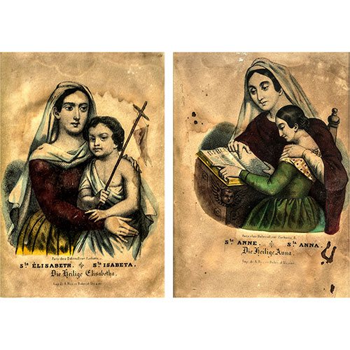 Sub.:1-On - Lote: 618 -  Pareja de litografas de Santa Ana con la Virgen nia y Santa Isabel con san Juanito. Marcos originales. s. XIX.