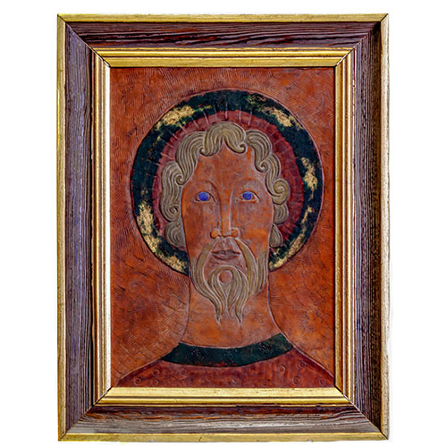 Sub.:1-On - Lote: 236 -  Grabado en cuero parcialmente policromado y con restos de dorado. Enmarcado. Contempor�neo.