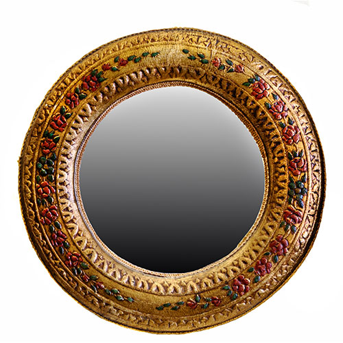 Sub.:1-On - Lote: 151 -  Peque�o espejo redondol con moldura en dorado, con decoraci�n de guirnalda floral policromada.