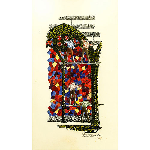 Sub.:1-On - Lote: 600 -  Grabado coloreado. Firmado Felice Bolda. 1974. Enmarcado bajo cristal.