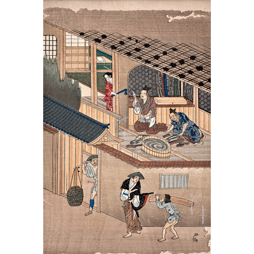 Sub.:1 - Lote: 221 - TOSA MITSUOKI y GANKI (Japn SS.XIX-XX) El afilador, el fabricante de arcos, el fabricante de abanicos y ermitao con rana