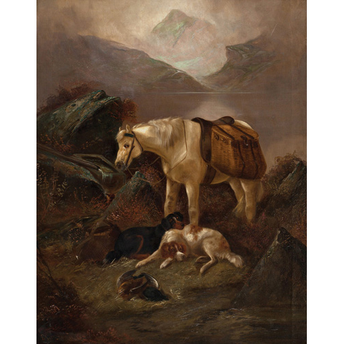 Sub.:1 - Lote: 166 - ROBERT CLEMINSON (Inglaterra,1865-1868) Paisaje con caballo y perros