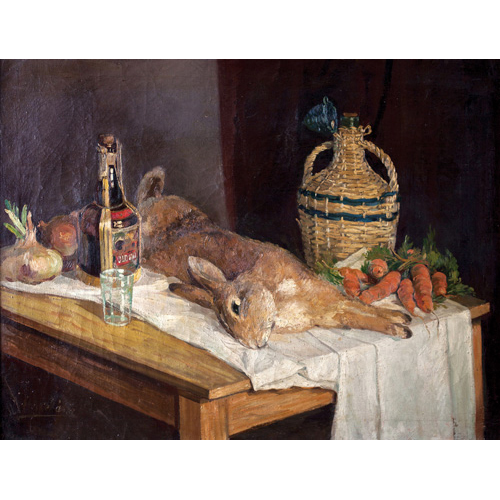 Sub.:1 - Lote: 115 - JESS APELLNIZ (1898-1969) Bodegn de caza con hortalizas y garrafa de mimbre