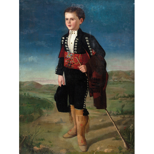 Sub.:1 - Lote: 139 - RICARDO BALACA (Lisboa, 1844-Madrid, 1880) Retrato de joven en un paisaje