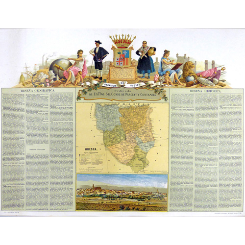 Sub.:1 - Lote: 123 - Francisco BORONAT Y SATORRE S. XIX Provincia de Huesca. Escudo, mapa, vista de la ciudad y resea.