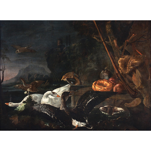 Sub.:1 - Lote: 83 - DAVID DE CONINCK (Amberes, ca. 1644 - Bruselas, ca. 1701-1705) Paisaje fluvial con spaniel persiguiendo a tres gansos