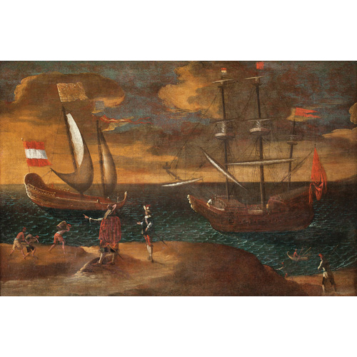 Sub.:1 - Lote: 75 - ESCUELA CENTROEUROPEA, S.XVII Marina con barcos y personajes en la orilla