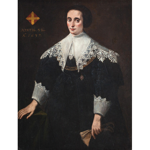 Sub.:1 - Lote: 97 - ESCUELA HOLANDESA, S. XVII Retrato de dama con cuello y puos de encaje a la edad de 38 aos