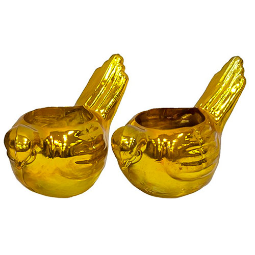 Sub.:10-On - Lote: 666 -  Pareja de soportes de velas en forma de pjaros de cristal prensado patinados en dorado.