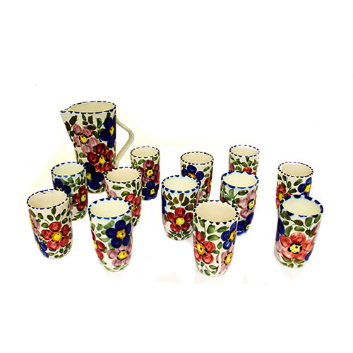 Sub.:10-On - Lote: 548 -  Juego de jarra y 12 vasos en cermica con decoracin floral pintada