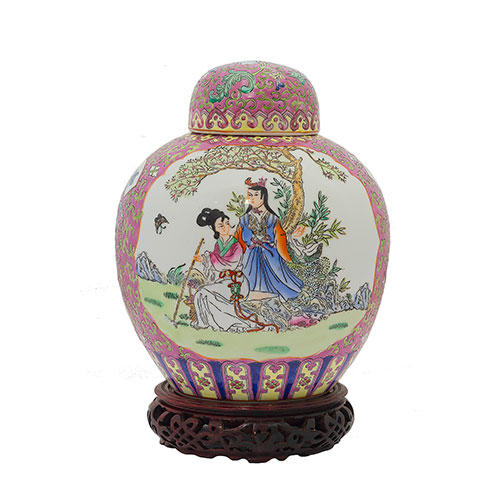 Sub.:10-On - Lote: 1166 -  Tibor en porcelana china con escenas de personajes enmarcadas en decoracin geomtrica