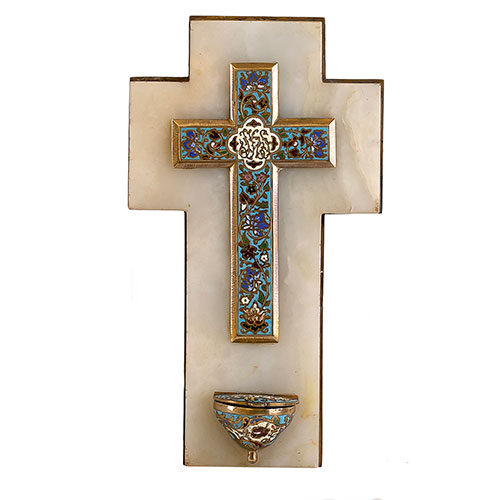 Sub.:10-On - Lote: 1097 -  Aguabenditera con cruz realizada en esmalte sobre base de nix.