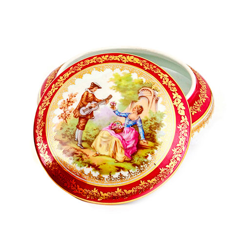 Sub.:10-On - Lote: 920 -  Caja redonda en porcelana de Limoges en rosa pompadour y oro