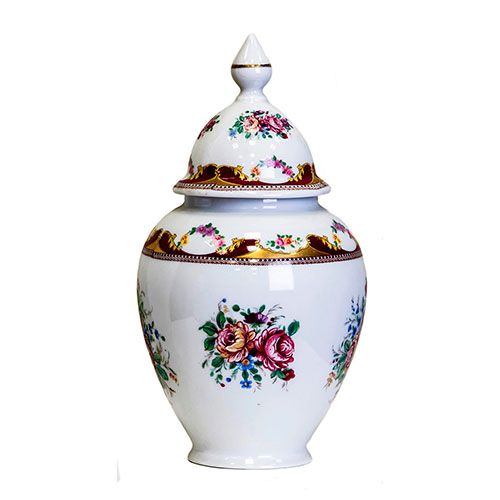 Sub.:10-On - Lote: 858 -  Tibor en porcelana esmaltada con cenefas y decoracin floral de corte Rococ.
