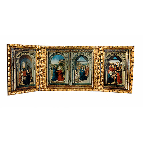 Sub.:10 - Lote: 1573 -  Trptico estilo flamenco en madera tallada y policromada en dorado. Representando 4 escenas bblicas.