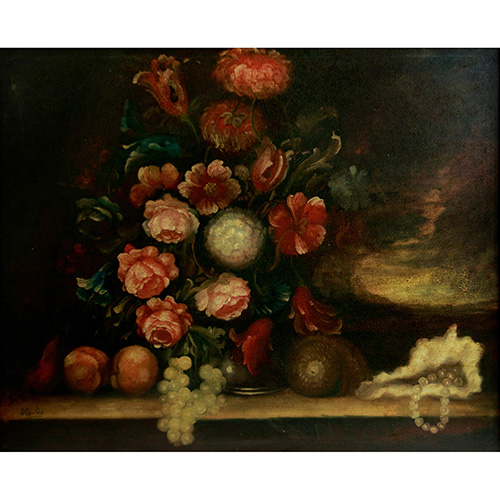 Sub.:10 - Lote: 156 - ESCUELA EUROPEA (S. XX) Bodegn con flores, caracola y perlas
