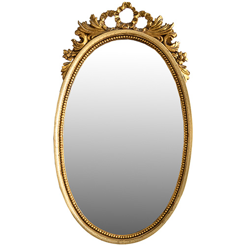 Sub.:10 - Lote: 1311 -  Espejo oval en estuco o escayola con guirnalda de flores superior en dorado.