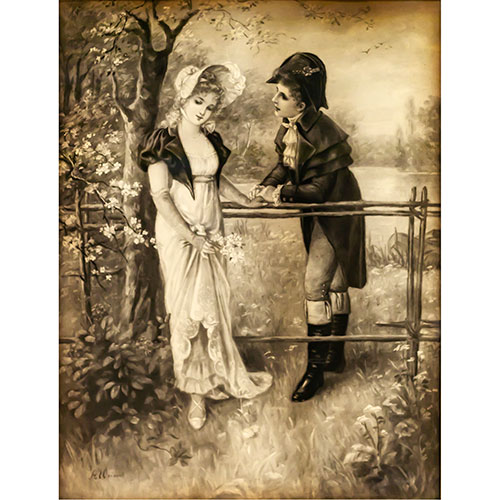 Sub.:11-On - Lote: 263 -  Gouache con escena rom�ntica y cristal antiguo