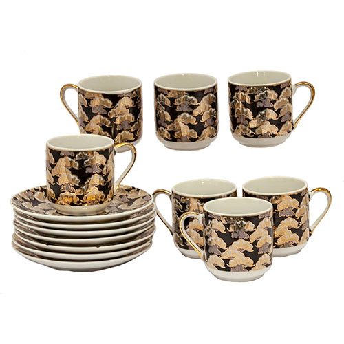Sub.:12-On - Lote: 228 -  Lote de 7 tazas y 7 platos de caf� en porcelana con decoraci�n de corte oriental.