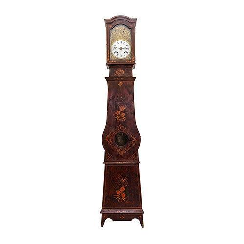 Sub.:12-On - Lote: 143 -  Reloj Moret con caja de madera pintada con motivos florales. Con pesas y p�ndulo.