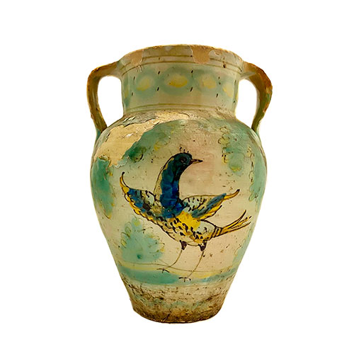 Sub.:12-On - Lote: 329 -  C�ntaro de cer�mica vasca con dos asas. Engobe blanco vidriado y decoraci�n pintada posterior.