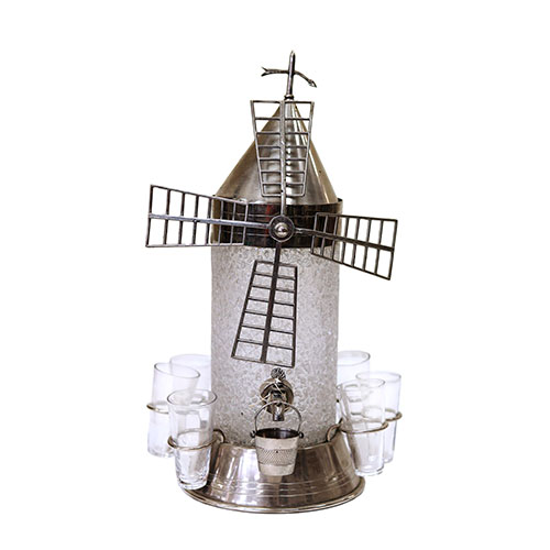 Sub.:12-On - Lote: 204 -  Licorera en cristal y metal plateado con forma de molino y seis vasitos.