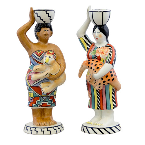 Sub.:12-On - Lote: 277 -  Pareja de candeleros representando en forma femenina a los continentes de Am�rica y �frica en porcelana de Villeroy & Boch.